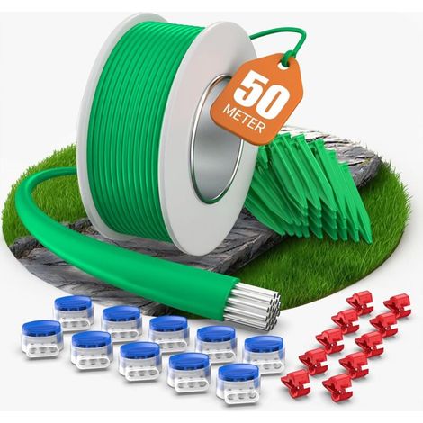 Cavo perimetrale da 50 m + 50 picchetti + 10 connettori per cavo + 10 terminali di connessione per robot tagliaerba, kit di accessori universale per cavo di ricerca, compatibile con Gardena/Bosch/Worx (1/5)