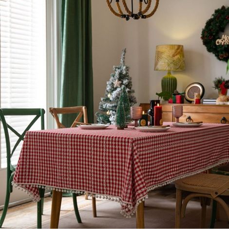 Nappe à carreaux rétro avec pompons - nappe en coton et lin - nappe anti-poussière - idéale pour les cuisines, buffets, restaurants, pique-niques, fêtes, décoration de table - 140 x 180 cm (1/5)