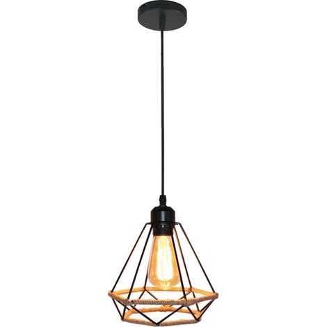 – Plafonnier cage diamant E27 20cm – Abat-jour en métal et corde de chanvre noir – Style industriel pour chambres et restaurants (1/4)