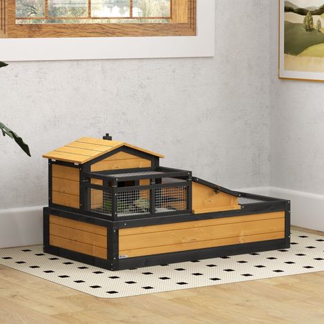 Enclos à tortues 2 niveaux, intérieur et extérieur, tiroir en bois de sapin jaune (1/5)