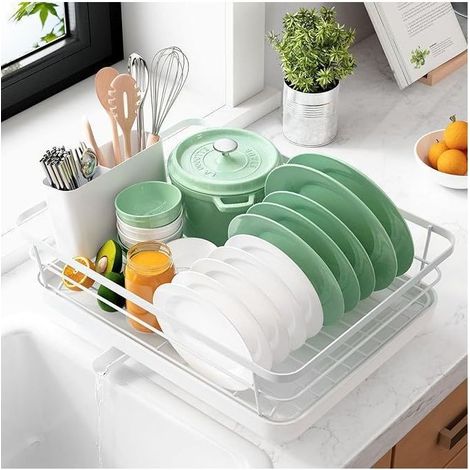 Egouttoir Vaisselle Cuisine - Egoutoire Compact et Gain de Place, Seche Vaisselle en Acier Inoxydable avec Porte-Couverts, 29,0 x 38,1 x 12,7 cm, Blanc (1/5)