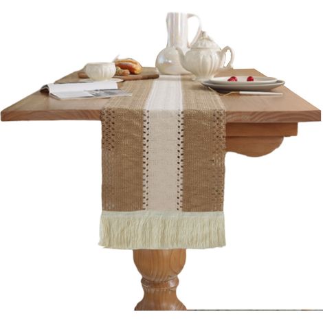Camino de mesa bohemio con borlas, 30×180 cm, estilo rústico, ideal para bodas, comedores o dormitorios.