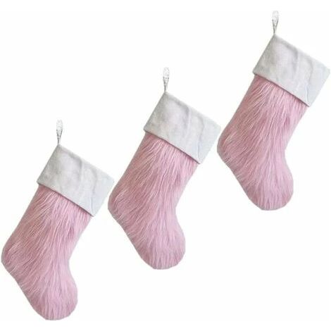 Lot de 3 chaussettes de Noël roses mignonnes et douillettes en fausse fourrure, 50 cm, à suspendre à la cheminée ou au sapin de Noël. (1/5)