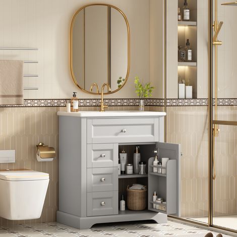 Mueble de lavabo 76x46x87 cm MDF y cerámica gris, almacenamiento integrado, para baño – MEUBLIV (1/5)
