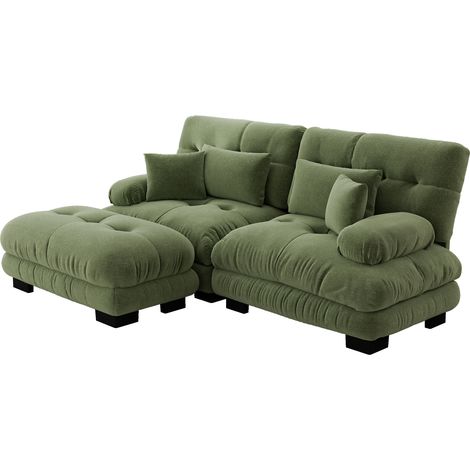 Divano angolare modulare verde in ciniglia con 2 cuscini lombari, 2 cuscini decorativi e ottomana (1/5)