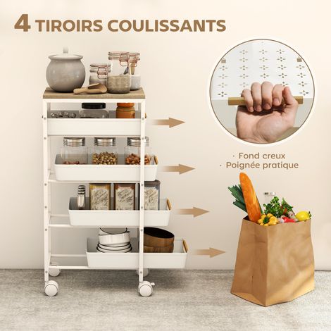 Desserte cuisine chariot rangement 5 niveaux 4 tiroirs coulissants étagère blanc (1/5)