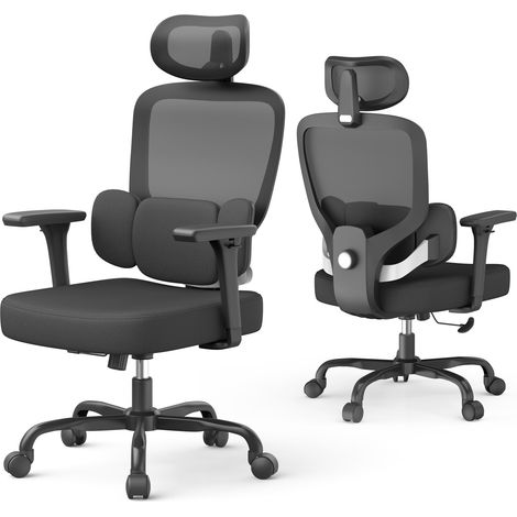 Chaise de Bureau - Fauteuil de Bureau Ergonomique - Accoudoirs Réglables 3D - Soutien Lombaire Dynamique - Avec appui-tête 2D - Dossier haut en mesh - Max:150kg - Noir