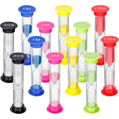 Lot de 12 sabliers colorés pour enfants - 0,5/1/2/3/5/10 minutes - Sablier pour enfants - Sabliers pour l'école, le bureau, la cuisine, les jeux, le contrôle du temps (1/5)