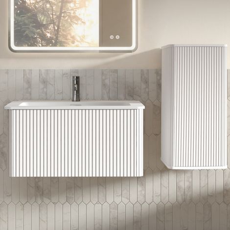 Mobile bagno con lavabo, set sospeso con colonna laterale, spazio contenitivo, design scanalato, MDF, compensato bianco (1/5)
