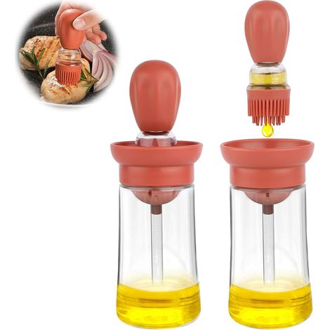 Flacon distributeur d'huile d'olive en verre avec brosse en silicone 2 en 1 pour la cuisine, le barbecue, les crêpes - Rouge(1 pc) (1/5)
