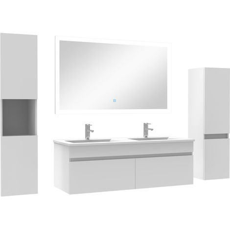 Ensemble meuble vasque 120cm + colonne de rangement + miroir lumineux Blanc (1/5)