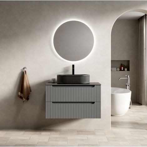 Mobile lavabo bagno sospeso 80x46x62.2 cm, lavabo ovale in ceramica, cassetti soft close, nero, grigio scuro (1/5)
