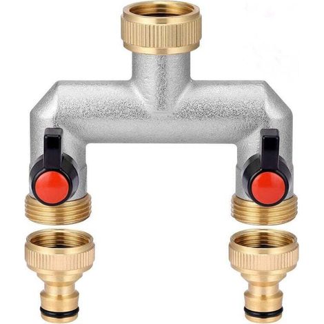 Zweiwege-Messingarmatur mit zwei Ausgängen für zwei Geräte/Gartenschläuche. 3/4"-Zweiwege-Wasserverteiler mit Kugelventil zur Regulierung und Absperrung des Wasserdurchflusses. (1/4)