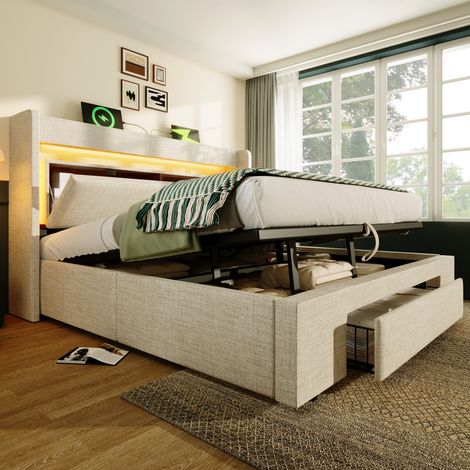 Lit double capitonné 160x200 cm avec coffre hydraulique et tête de lit avec rangement, LED et ports USB/USB-C, sommier à lattes en bois, lin beige (avec matelas) (1/5)