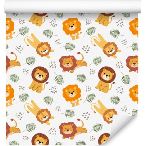 Papier peint Lions blanc, crème, or et gris clair pour salon et chambre 50x1000 (1/5)
