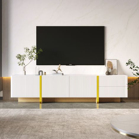 Mobile TV 190 x 35 x 45 cm, 3 ante, 2 cassetti + 5 vani portaoggetti, bianco con venature dorate e legno