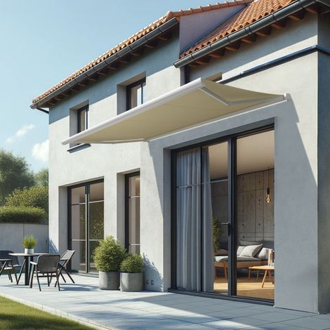 Tenda da sole a cassonetto integrale CINABRE 3,00x2,00 M (Manuale - Bianco satinato RAL9010 - Beige chiaro 250gr/m²) (1/5)