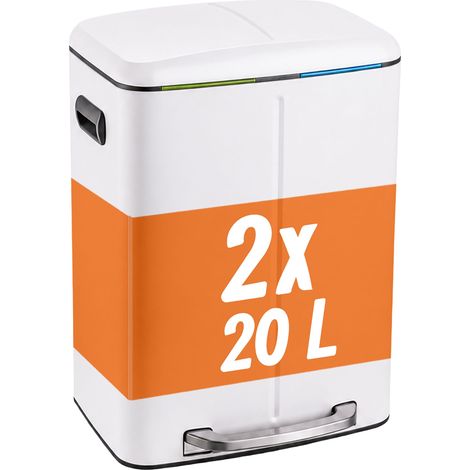 Relaxdays Mülleimer, 2 Fächer, 2x20 l, entnehmbare Inneneimer, Softclose, Fußpedal, Edelstahl, Treteimer Küche, weiß (1/5)