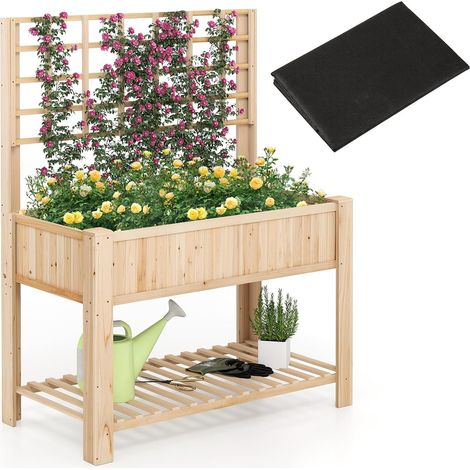 GOPLUS Jardinieres Exterieur en Design Surélevé avec Treillis, 4 Trous de Drainage et Doublure Amovible, Jardiniere sur Pied en Bois avec Étagère Inférieure à Lattes pour Garder Les Outils (Naturel) (1/5)