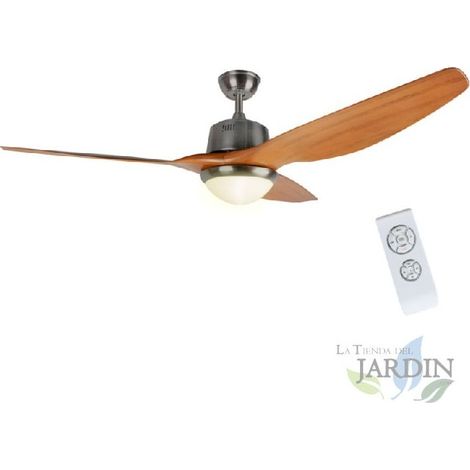 Ventilatore da soffitto Orbegozo, luce LED, telecomando, pale in legno naturale.