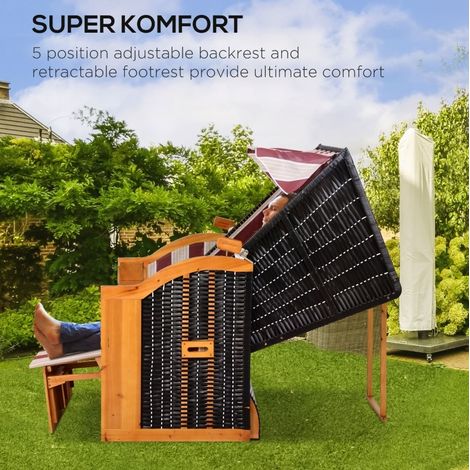 Fauteuil de plage 2 places Ostsee en pin avec dossier réglable 5 positions, tressage PE, tablettes latérales, rouge et blanc (1/5)