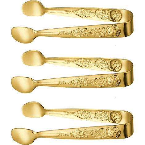 Lot de 3 Pinces à sucre, Acier inoxydable, Motif rose, Pour glaçons et desserts, Usage quotidien et fêtes (1/5)