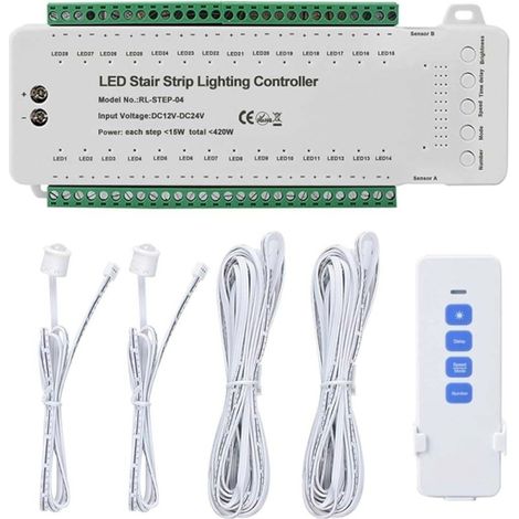 RL-STEP-04: Centralina per scale a 28 canali 12V/24V max 15W/canale, luminosità e velocità regolabili + telecomando