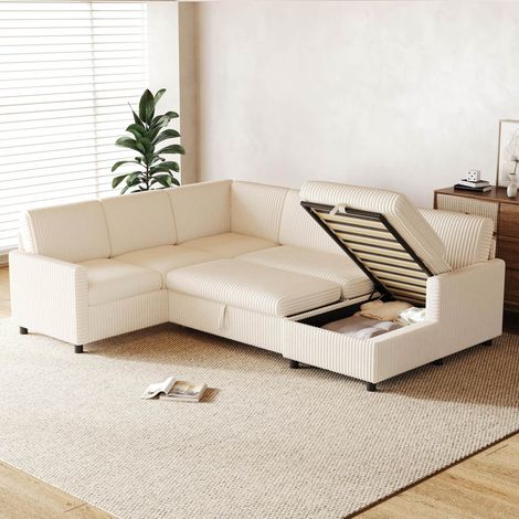 Canapé d’angle en U 274/220/85 cm beige en velours côtelé, convertible avec coffre de rangement (1/5)