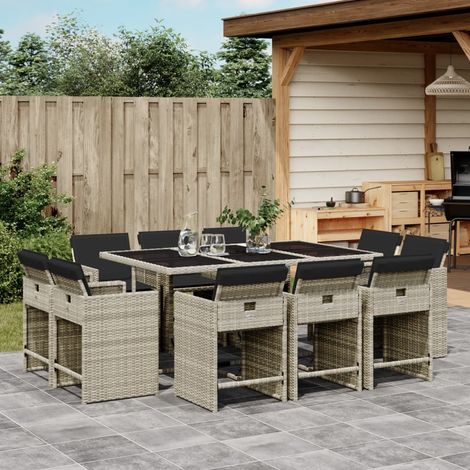 vidaXL Ensemble à manger de jardin 11pcs avec coussins gris poly rotin