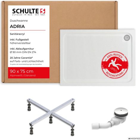 Schulte Duschwanne Adria mit Anti-Rutsch-Beschichtung 90x75 - Komplett Set mit Fußgestell und Ablauf, Sanitäracryl (1/5)
