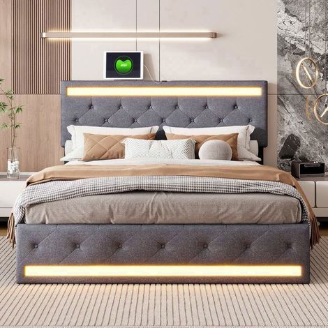 Bett 160x200 cm grau - Mehrfarbige LED, USB/Type-C-Anschlüsse, Stauraum & leise Rollen