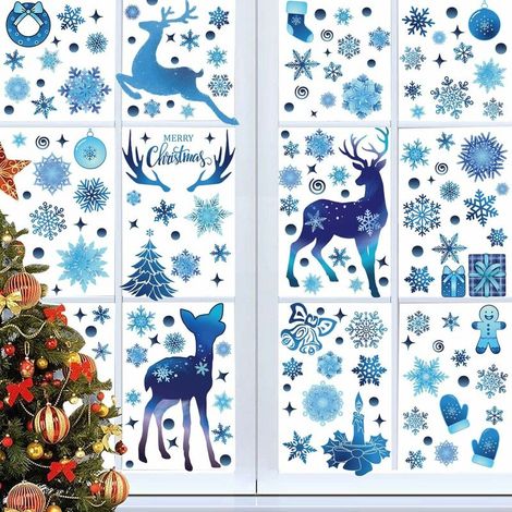 9 Feuilles Décoration Noël Sticker Fenetre Bleu Rennes Blanc PVC Autocollants Noel Fenêtre Réutilisable Flocon de Neige Sticker pour Porte Vitrine Verre Déco Noël Fête Maison Intérieur