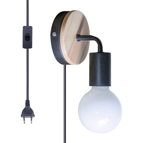 Aplique de Pared Retro con Interruptor Cable de 1.8M Madera Metal Lámpara de Pared E27 para Salón, Dormitorio - Negro (1/5)