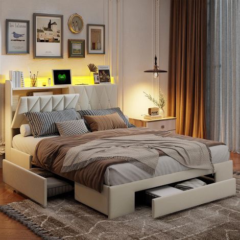 Lit avec Tiroirs 140x200 cm - Lit Double avec Prises EU, USB & Type-C - Tête de Lit Rabattable avec Rangement et LED Smartphone - Velours - Beige