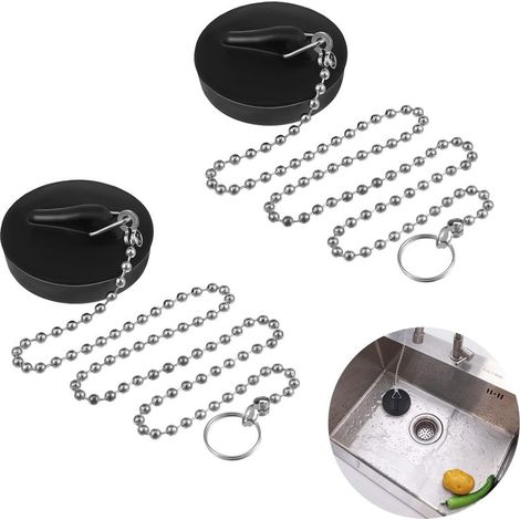 Lot de 2 bouchons de vidange pour évier avec chane en acier inoxydable et crochet en S, pour baignoire, évier, salle de bain, cuisine, maison (taille 42 mm à 45 mm, chane 40 cm)