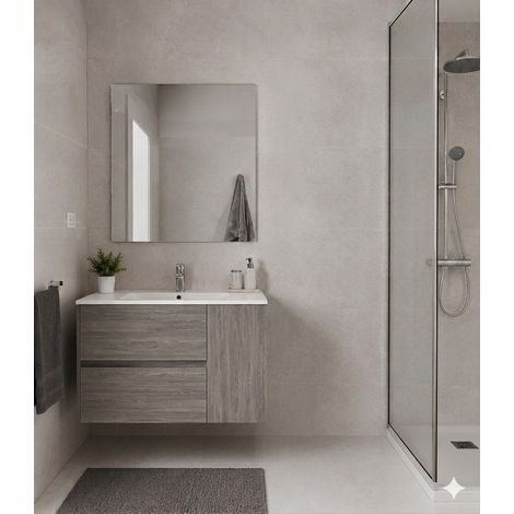Conjunto Mueble de baño HEIMDALL ya montado 2 cajones y puerta lavabo y espejo  Roble Smoky 70x45 cm