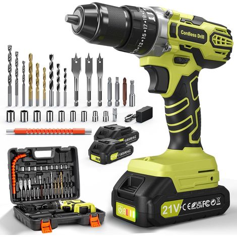 21V Perceuse Visseuse Sans Fil, 45Nm Perceuse Percussion Sans Fil, Visseuse Devisseuse avec 2 Batteries 2.0Ah, 25+3 Couple, 10mm Mandrin Métallique, 2 Vitesses, 29 Accessoires, Lampe LED, Vert (1/5)