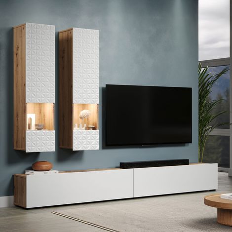 M&S – Ensemble de meubles de salon blanc et naturel – Meuble TV 120 cm – 2 colonnes de rangement 30x120 cm – Panneaux de particules et verre