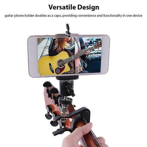 Support de téléphone en forme de guitare avec pince pour capo et partition musicale, compatible avec les téléphones à manche de guitare. (1/4)