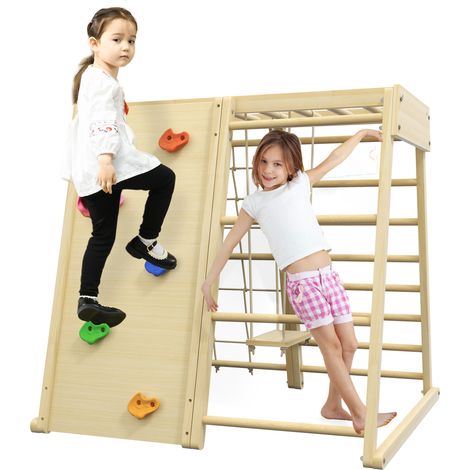 Ensemble de grimpe 5-en-1 pour enfants : mur d'escalade en bois, balançoire, corde et barres de singe