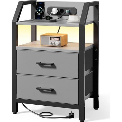 EcoFurnix Nachttische mit LED, Nachttisch mit Steckdosen & USB-Anschlüssen, Beistelltisch mit 2 Stoffschubladen - Grau