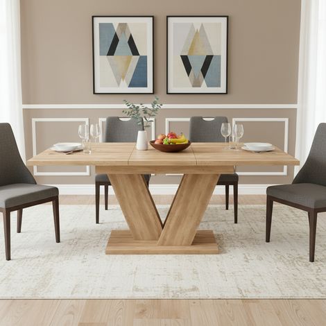 Table à manger extensible 180×80×75 .5cm, 4-8 personnes, bureau rectangulaire épais, MDF, marron clair, pieds V (1/5)