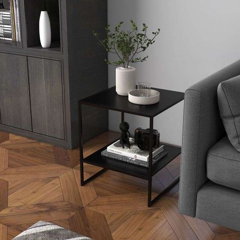 Table d'appoint style industriel, table basse, table de chevet, étagère simple, noire (1/5)