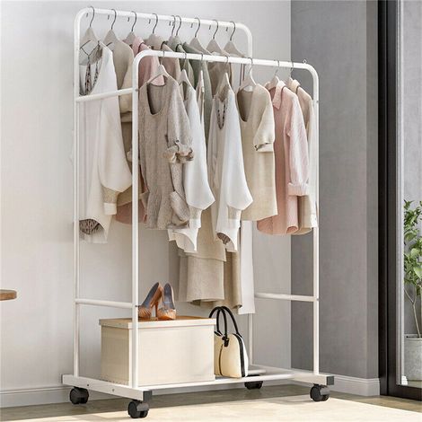 unho Kleiderständer auf Rollen, Garderobe Metall Wäscheständer Garderobenständer mit 2 Kleiderstange und 1 Ablage, für Laden Schlafzimmer Ankleidezimmer, weiß (1/5)