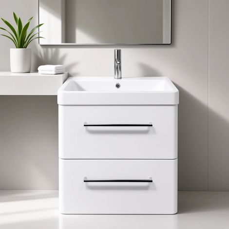 Meuble Salle de Bains avec vasque/lavabo TAHITI 60 suspendu laqué Blanc brillant avec plan résine (1/5)