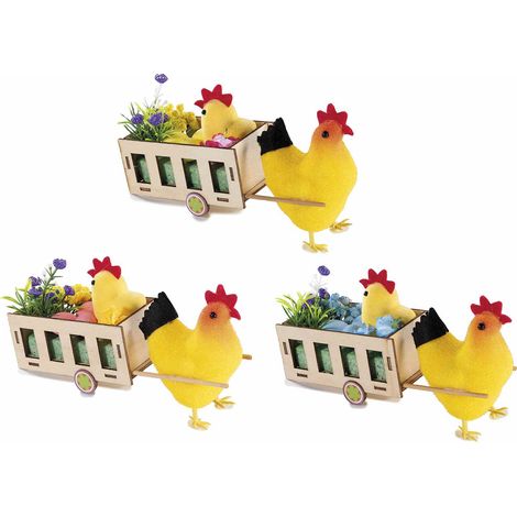 Gallinelle in floccato con pulcino e uova colorate in carretto di legno, set da 6 pezzi, cm 19 x 6 x 10,5 H