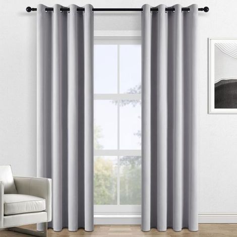 Rideau occultant thermique 132x213cm 100% polyester œillets, gris clair, salon chambre (1/5)