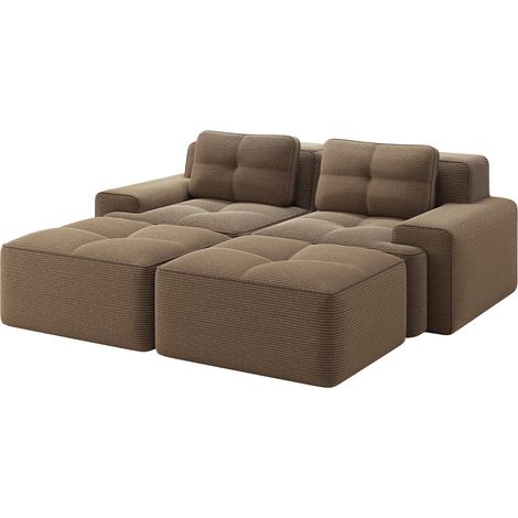 Divano modulare a U in velluto a coste marrone con ottomana, senza montaggio, 204 x 177 x 69 cm (1/5)