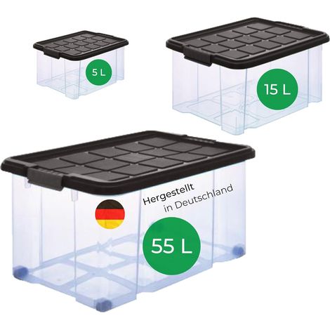 Coffret de rangement Novaliv 3 pièces avec couvercle, anthracite, 1x 55 L + 1x 15 L + 1x 5 L, emboîtable, empilable, fermeture à clip, boîtes à