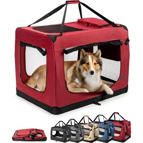 lionto Hundetransportbox faltbar, stabile Stoffbox mit Mesh-Einsätzen, ideal für Auto, Reise & Tierarzt, 90x61x65 cm, dunkelrot